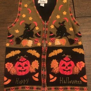Halloween witch and pumpkin themed sweater vest with zipper